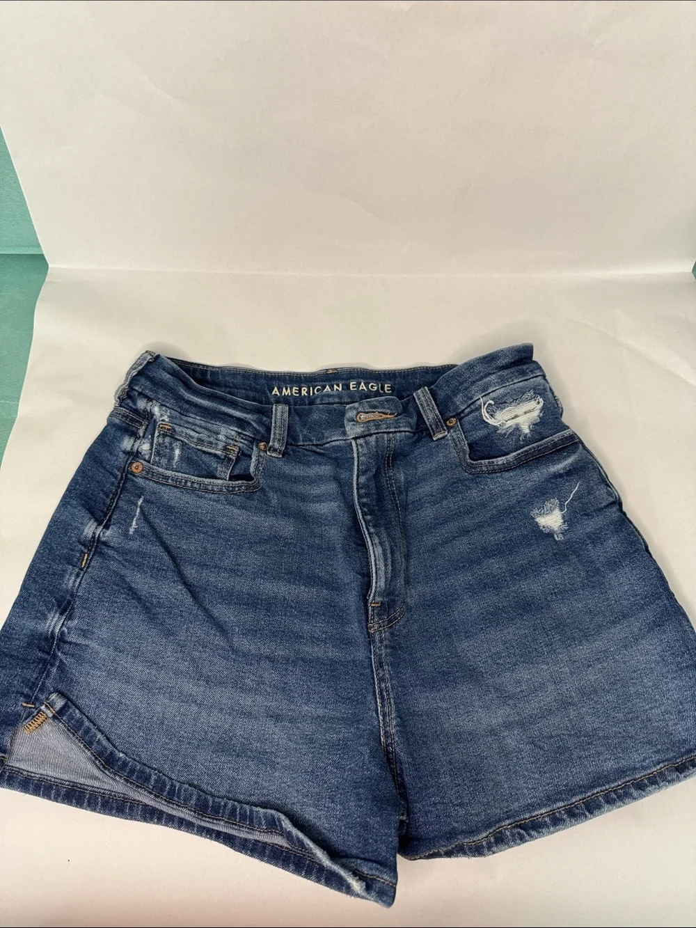 American Eagle Outfitters Distressed High-Rise Denim Shorts - Dark Blue